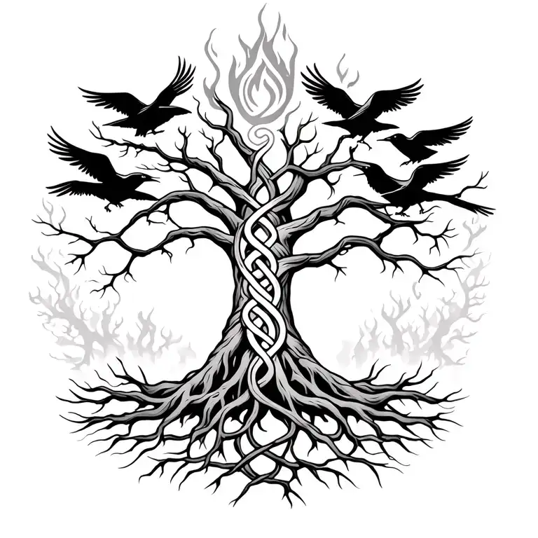 Full back. Tree of life with roots wrapped around a flame. Roots and limbs celtic knot work, ravens made of knotwork, tattoo design idea