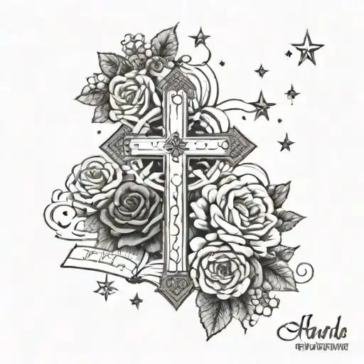 cross with roses and chrysanthemum and a bible verse, stars around the cross  tattoo design idea