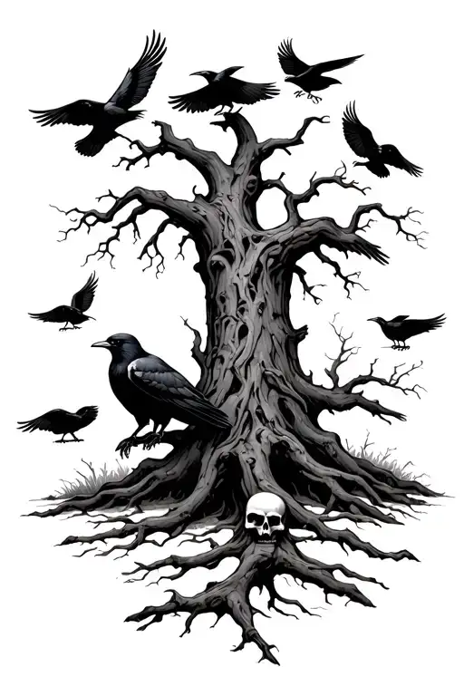 dying tree with ravens sitting on it while others fly around and few on the ground. skulls and bones along the ground tattoo design idea