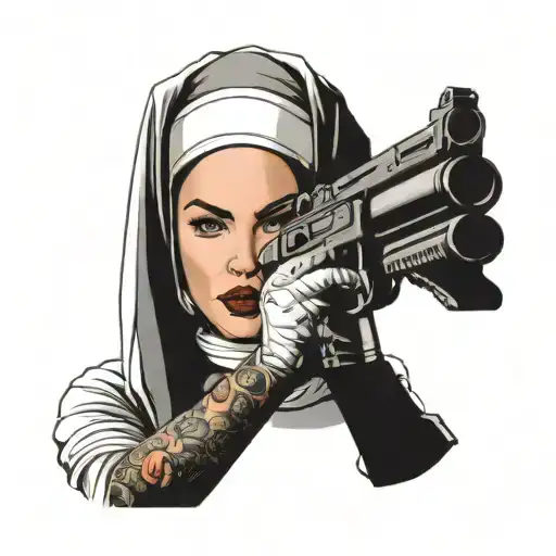 megan fox as a nun holding a gun tattoo design idea