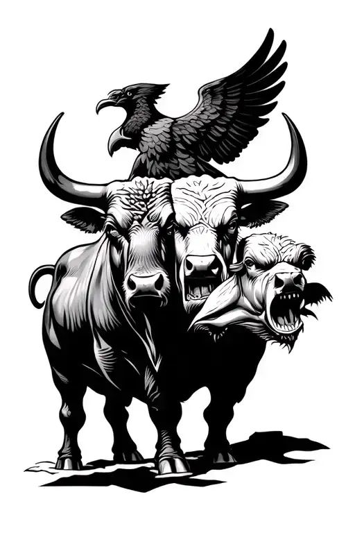 A bull with two faces, once angry and once. In the background of the German federal eagle with a stroke. tattoo design idea