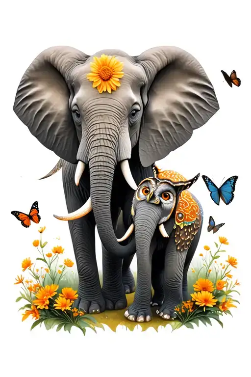 Mom and baby elephant surrounded by saffron flowers and butterflies with a small owl tattoo design idea