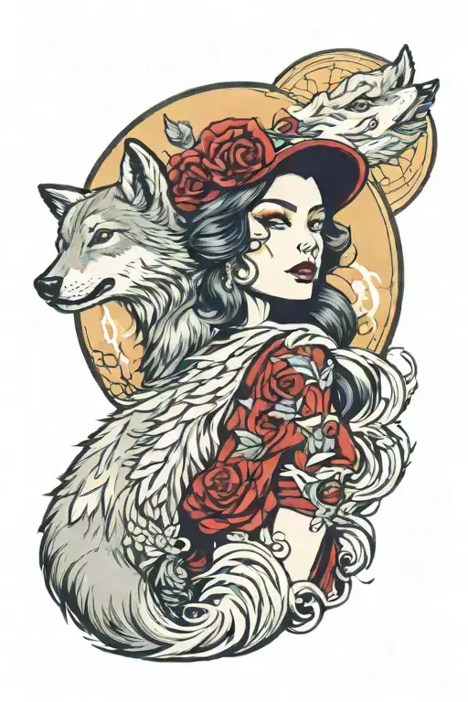 retro woman posing, wolf head, full moon, neo traditional style tattoo tattoo design idea