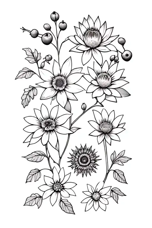 Blue Lotus, Deadly Nightshade (with berries), Passionflower, Foxglove, Calendula (Marigold), and Chrysanthemum tattoo design idea