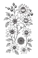 Blue Lotus, Deadly Nightshade (with berries), Passionflower, Foxglove, Calendula (Marigold), and Chrysanthemum tattoo design idea
