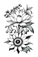 Blue Lotus, Deadly Nightshade (with berries), Passionflower, Foxglove, Calendula (Marigold), and Chrysanthemum tattoo design idea