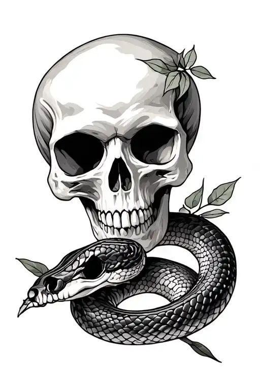 skull, leaves, snake tattoo design idea