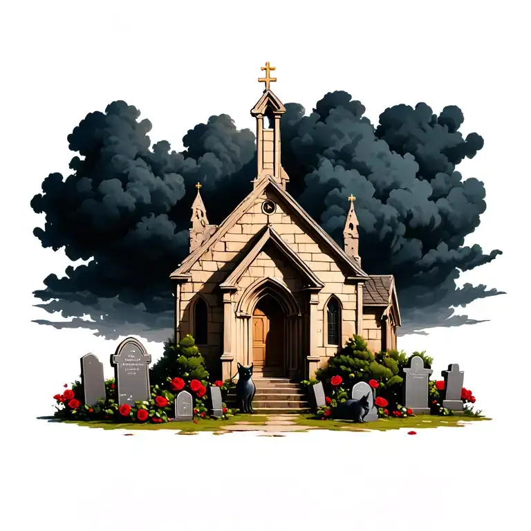 old abanond ruin  church  with dark clouds and grave stones and black rose bushes and two cats tattoo design idea