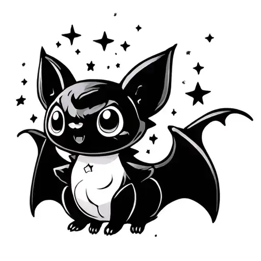 simple bat with stars and moons on its wings, femine and cute but not too cartoony tattoo design idea