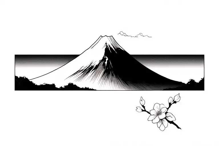 Minimalist Japanese tattoo featuring Mount Fuji and a single cherry blossom. Clean black linework, simple and elegant tattoo design idea