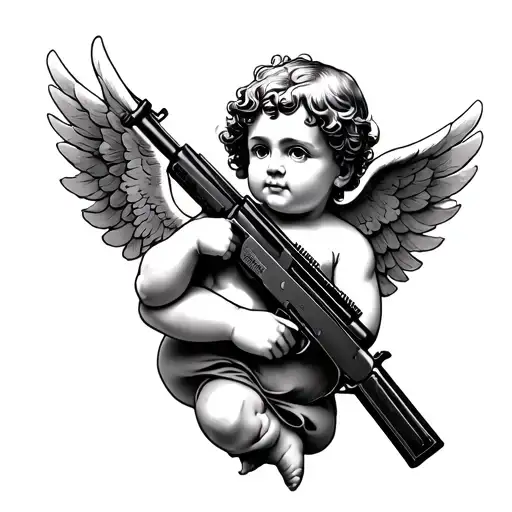 Complete cherub with AK 47 tattoo design idea
