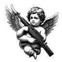 Complete cherub with AK 47 tattoo design idea