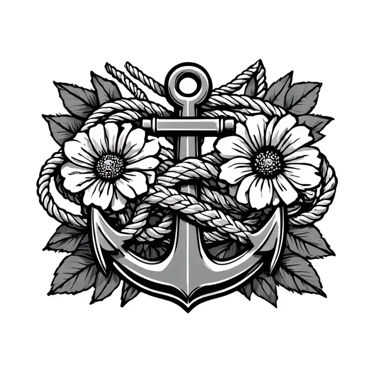 anchor with infinity symbol at top and rope with one small September flower tattoo design idea