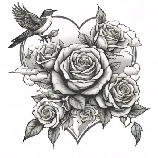 roses, clouds, birds, love heart, clouds tattoo design idea