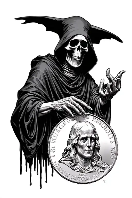 grim reaper flipping a Morgan silver dollar tattoo design idea