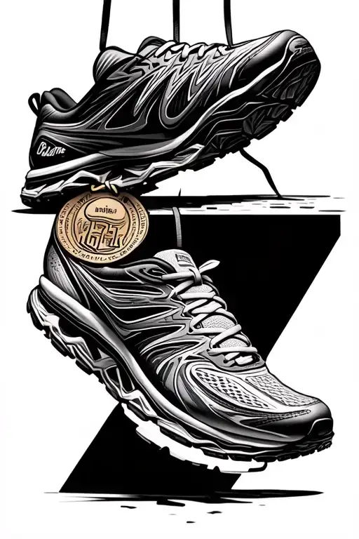 running shoes hung with a marathon medal tattoo design idea