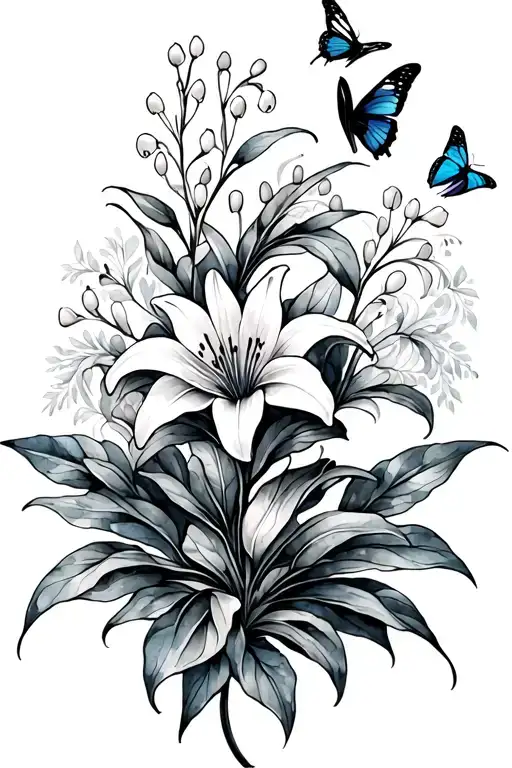 In a style resembling watercolor or "sketch", with the image of plants, possibly lilies of the valley, and butterflies. tattoo design idea