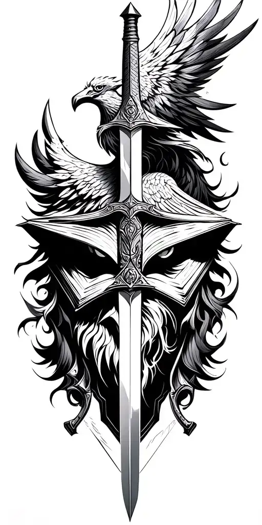 warrior, wizard, blacksmith faces with sword, hammer, book and a Phoenix  tattoo design idea