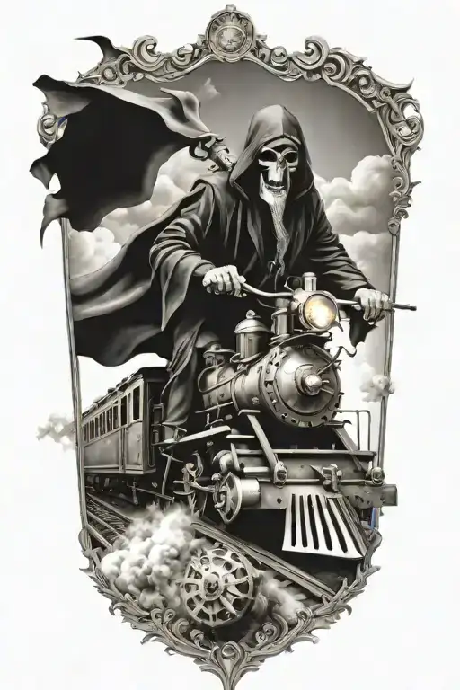 evil grim reaper riding a steampunk train  tattoo design idea