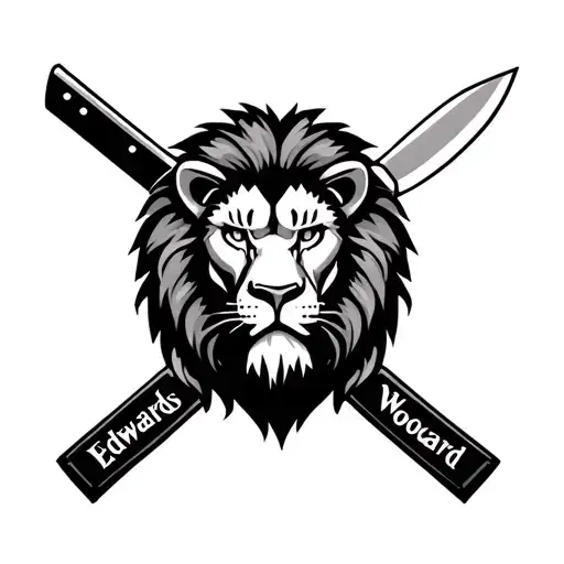 a lion with chef knives crossed behind it with edwards / woodward under it tattoo design idea