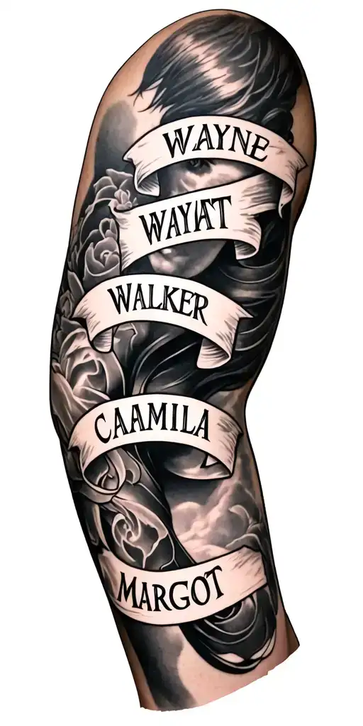 the names Wayne, Wyatt, Walker, Camila, and Margot as an arm sleeve tattoo design idea