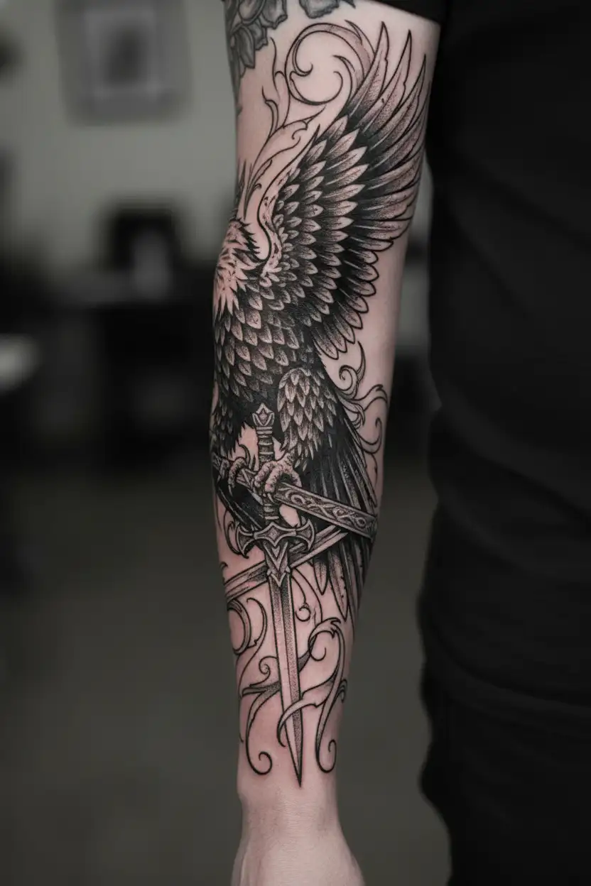 albanian eagle, sword, crown of thorns tattoo design idea