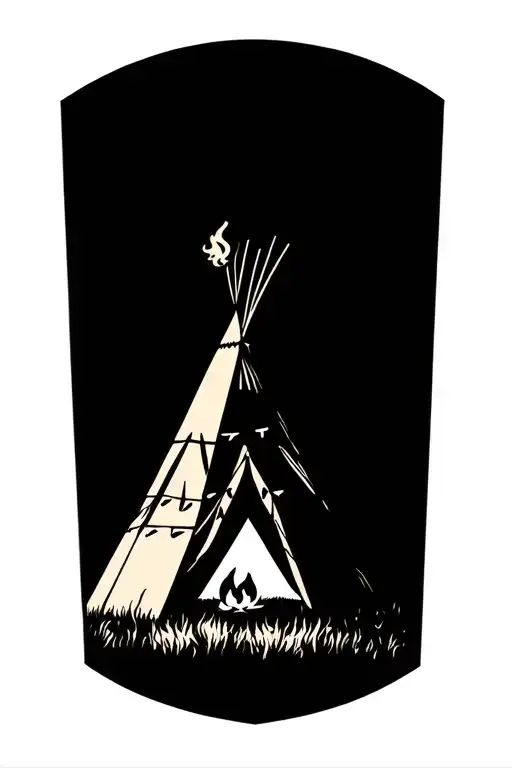 indian teepee, fire place inside, smoke coming from the top of the teepee, surrounded by wilderness tattoo design idea