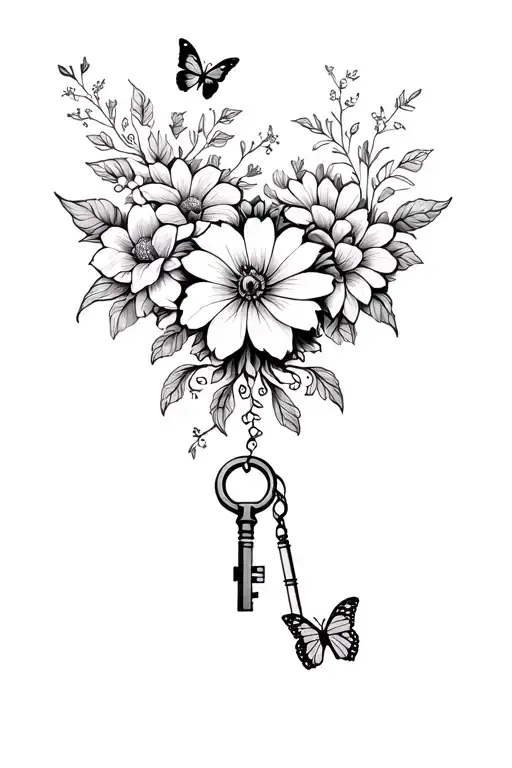 flowers and butterfly and lock and key and lion tattoo design idea