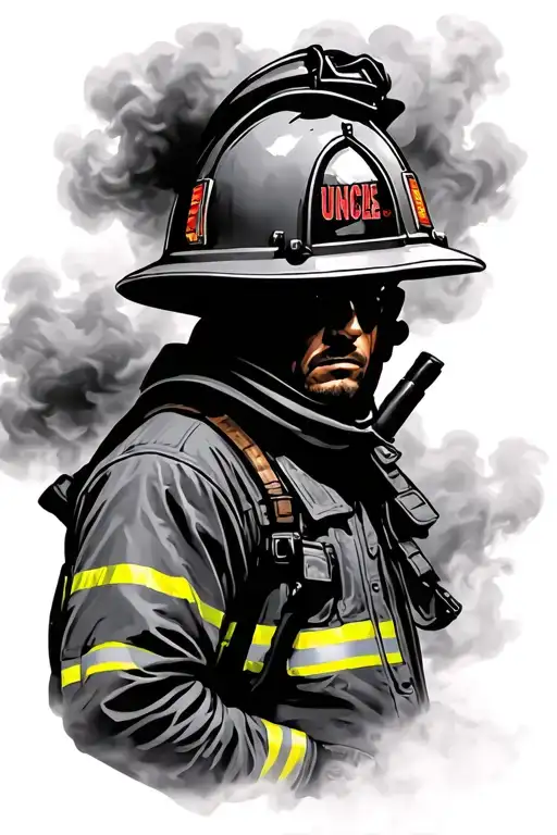 "Uncle Don" Black and grey silhouette of firefighter, set in smoky background. Fine detail in smoke tattoo design idea
