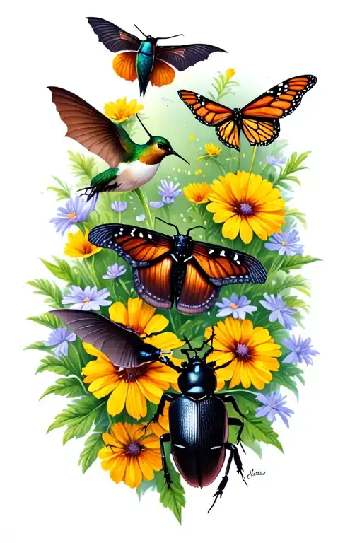 bumblebee, moth, monarch butterfly, brown bat, black beetle, & hummingbird with wildflowers in background tattoo design idea
