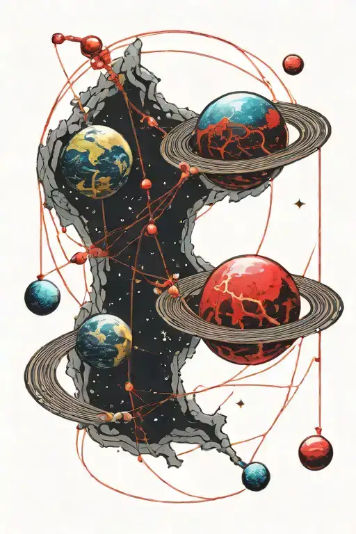 Red string of fate connecting two planets together within a cosmo of stars  tattoo design idea