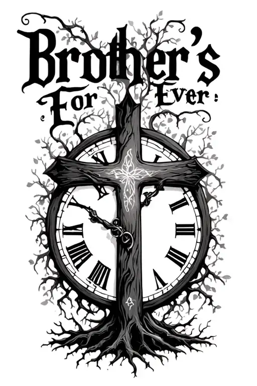 "Brother's For Ever " "Brother's For Ever " cross with tree growing out of the bottom and with a clock in the background  tattoo design idea