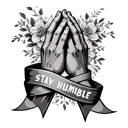 praying hands with ribbon wrapped around hands from top to bottom that says stay humble  tattoo design idea