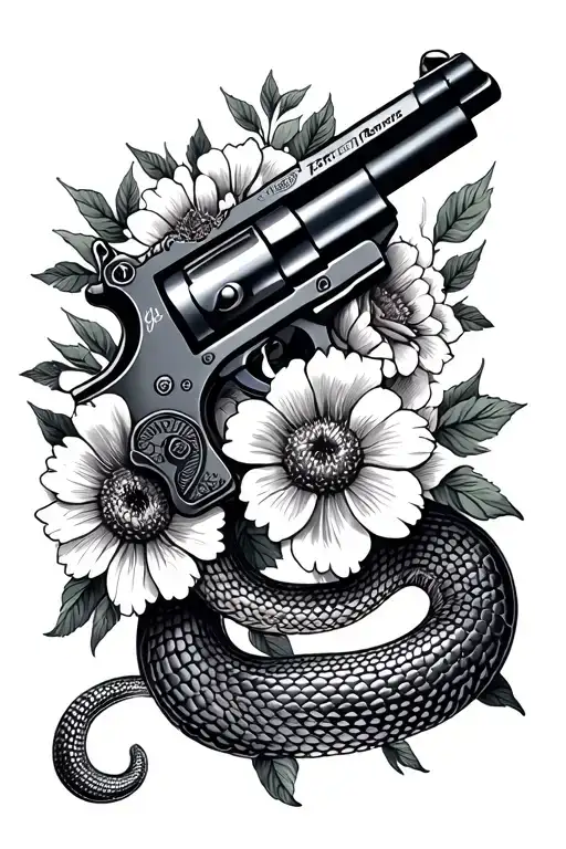 old school pistol with flowers and snake  tattoo design idea