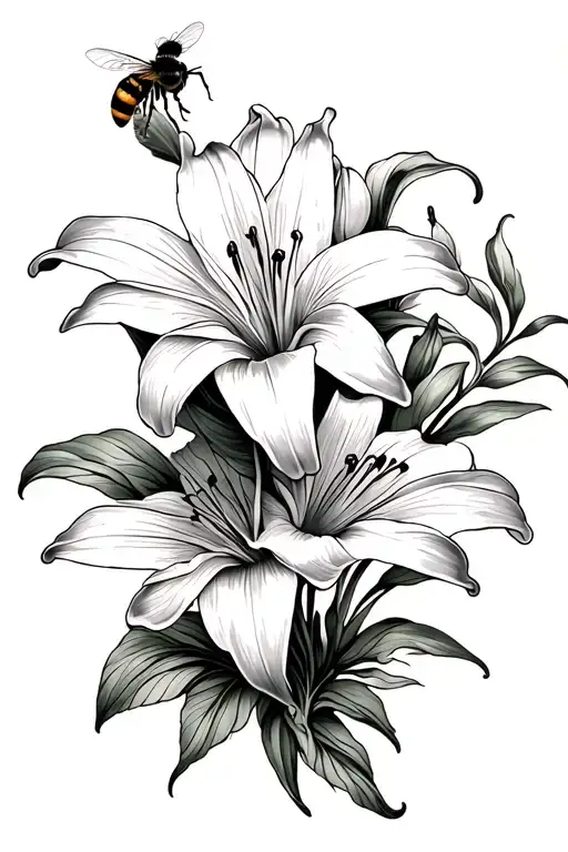 lily flower and bee tattoo design idea