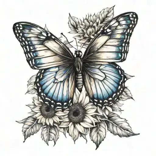 Butterfly Morpho and sunflowers growing tattoo design idea
