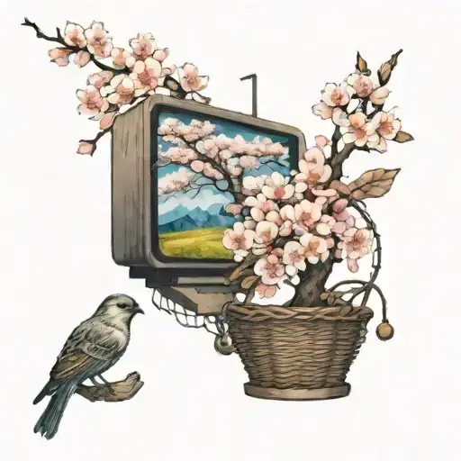 I want a tattoo of a large sakura tree with a grave, surrounded by a TV, basket, bowling, and sparrow on it with  flower tattoo design idea