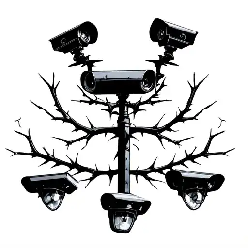 Surveillance cameras on a crowl instead of the lamps, black, whipped shading, with thorns as a bracket tattoo design idea