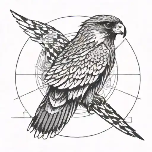 a falcon with outstretched wings flies towards the sun tattoo design idea