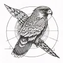 a falcon with outstretched wings flies towards the sun tattoo design idea