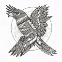 a falcon with outstretched wings flies towards the sun tattoo design idea