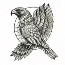 a falcon with outstretched wings flies towards the sun tattoo design idea