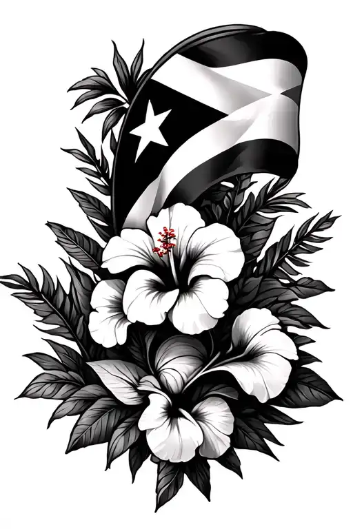 Black and white quarter sleeve Puerto Rican themed. Puerto Rican flag, hibiscus flower, and el coqui NO HUMANS NO color tattoo design idea