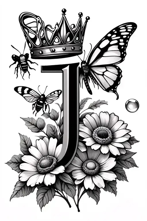 Letter J with crown and flowers a butterfly on one of the flowers and a bubblebee on another. tattoo design idea