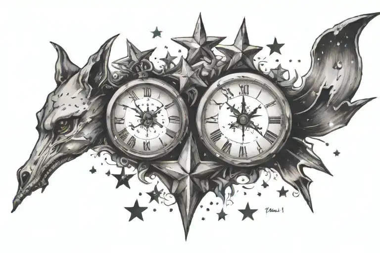 11:11 having stars and small hearts on right side and a quote " EVERYTHING I WANT,WANTS ME MORE" under it . and a evil e tattoo design idea
