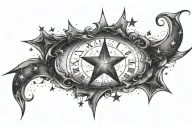 11:11 having stars and small hearts on right side and a quote " EVERYTHING I WANT,WANTS ME MORE" under it . and a evil e tattoo design idea