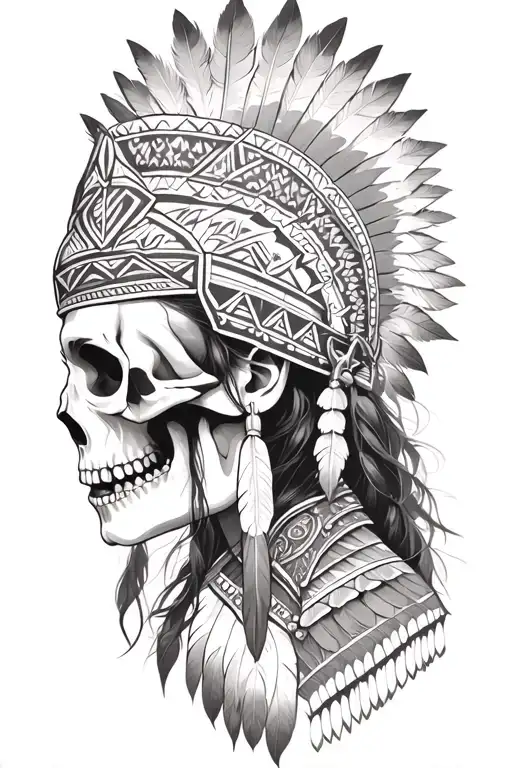 aztec warrior girl, skeletal fierce face, crown skull, geometric patterns feathers, spirituality, afterlife, death tattoo design idea