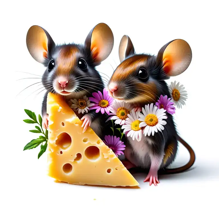2 female mice with a wedge a cheese and flowers tattoo design idea