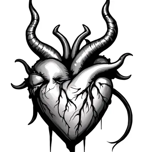 outline of a heart with devil horns and tail tattoo design idea