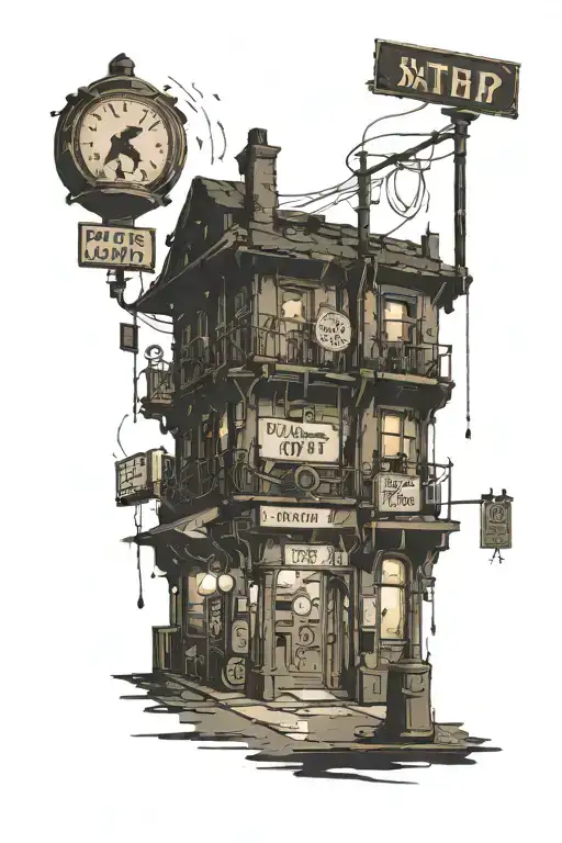 abandoned animated  rainy city street at night with street lights and signs tattoo design idea